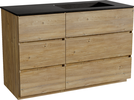 Storke Edge staand badmeubel 120 x 52 cm ruw eiken met Scuro asymmetrisch rechtse wastafel in kwarts mat zwart