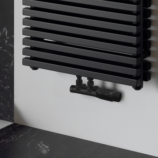Vipera Lungo thermostatische radiatorkraan 90° haakse aansluiting mat zwart