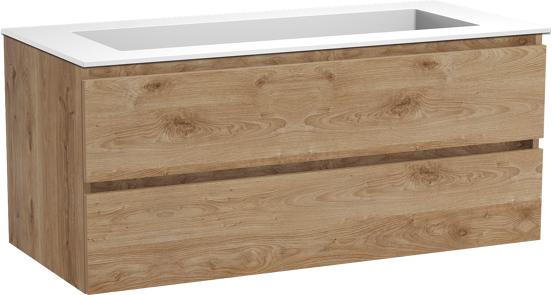 Balmani Lucida zwevend badmeubel 120 x 55 cm ruw eiken met Tablo Stretto enkele wastafel voor 2 kraangaten in solid surface mat wit