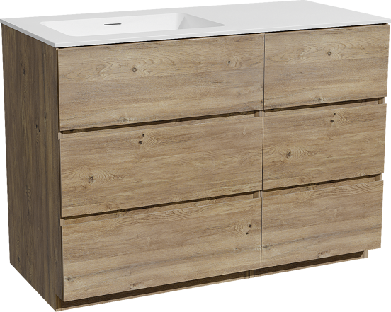 Storke Edge meuble salle de bains à poser 110 x 52 cm chêne brut avec Mata vasque asymétrique gauche en solid surface blanc mat