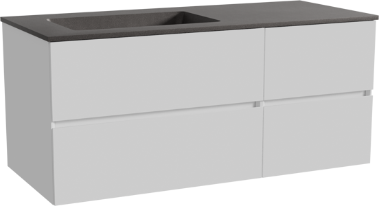 Storke Edge zwevend badmeubel 120 x 52 cm hoogglans wit met Scuro asymmetrisch linkse wastafel in kwarts mat zwart