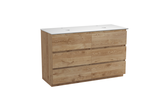 Balmani Lucida staand badkamermeubel 135 x 55 cm ruwe eik met Facetta dubbel tablet in solid surface mat wit