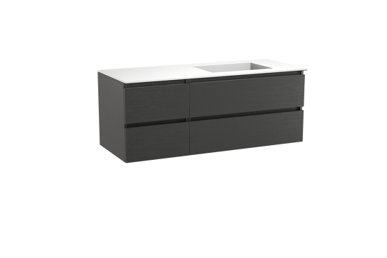 Balmani Lucida zwevend badkamermeubel 135 x 55 cm zwarte eik met Tablo Stretto asymmetrisch rechtse wastafel in solid surface mat wit