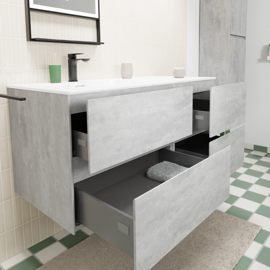 Storke Edge meuble salle de bains suspendu 110 x 52 cm béton gris foncé avec Mata plan vasque asymétrique à gauche en solid surface blanc mat
