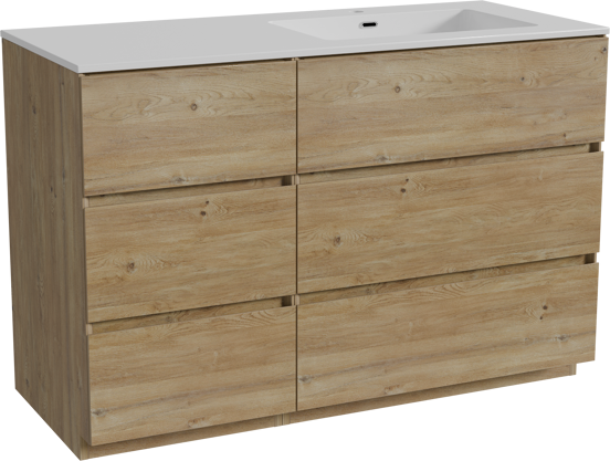 Storke Edge meuble salle de bains à poser 120 x 52 cm chêne brut avec Diva plan vasque asymétrique à droite en marbre composite blanc brillant