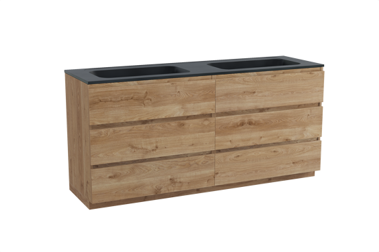 Balmani Lucida freistehendes Möbelstück Set: 180 x 55 cm, Rohe Eiche, mit Tablo Strada Doppelwaschtisch, Marmorkomposit Schwarz matt