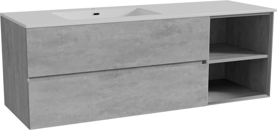 Storke Edge meuble salle de bains suspendu 150 x 52 cm béton gris foncé avec Diva plan vasque asymétrique à gauche en marbre composite blanc brillant