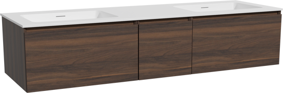 Storke Edge zwevend badkamermeubel 165 x 52 cm notelaar met Mata dubbele wastafel in solid surface mat wit