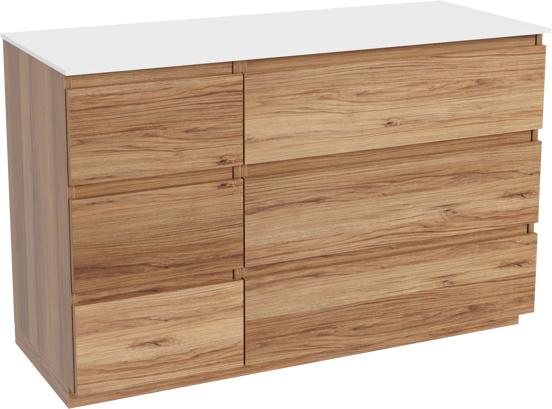 Balmani Lucida staand badkamermeubel 135 x 55 cm teak met Stretto enkel of dubbel tablet in solid surface mat wit