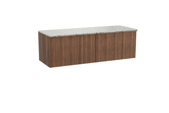 Balmani Forma zwevend badkamermeubel 150 x 55 cm amerikaanse notelaar met Stretto enkel of dubbel tablet in mat wit/zwart terrazzo, Verticale asymmetrische ronde ribbel