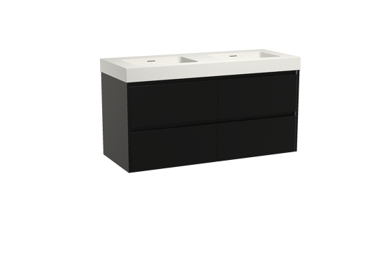 Storke Seda zwevend badmeubel 130 x 52 cm mat zwart met Mata High dubbele wastafel in solid surface mat wit