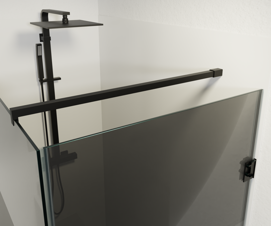 Balmani Modular douche de plain-pied avec porte droite 136 x 84 cm verre fumé avec bande matte et profil noir mat