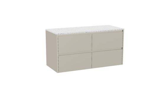 Storke Seda hängendes Möbelstück Set: 120 x 52 cm, Seidengrau, mit Tavola Einzel- oder Doppel Waschtischplatte, Terrazzo in Weiß/Schwarz matt