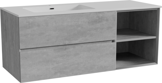 Storke Edge meuble salle de bains suspendu 130 x 52 cm béton gris foncé avec Diva plan vasque asymétrique à gauche en marbre composite blanc brillant