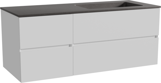 Storke Edge zwevend badmeubel 130 x 52 cm mat wit met Scuro asymmetrisch rechtse wastafel in kwarts mat zwart