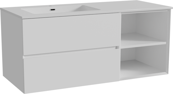 Storke Edge zwevend badmeubel 120 x 52 cm mat wit met Diva asymmetrisch linkse wastafel in composietmarmer hoogglans wit