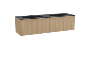 Balmani Forma hängendes Möbelstück Set: 180 x 55 cm, Naturbelassene Eiche, mit Tablo Strada Doppelwaschtisch, Marmorkomposit, Schwarz matt, Vertikale asymmetrische Runde Rippe