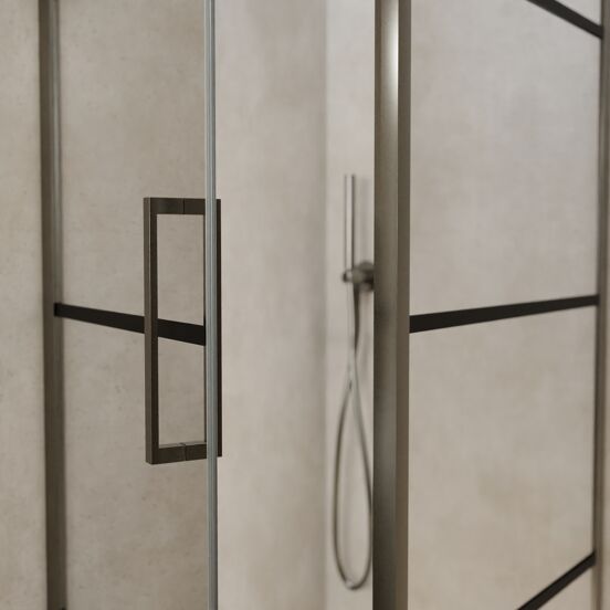 Balmani Senses Design douchehoek met linkse draaideur en vaste zijwand, 90 x 90 cm, Lined, Brushed GunMetal profielen, met coating