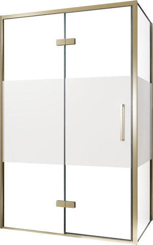 Balmani Senses Design Eckdusche: Drehtür (Links) mit fixierte Seitenwand, 120 x 80 cm, Klarglas mit mattiertem Streifen, Profil Brushed Champagner Gold, inklusive Coating