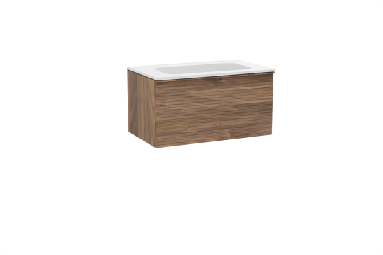 Balmani Forma zwevend badkamermeubel 90 x 55 cm amerikaanse notelaar met Tablo Strada enkele wastafel in composietmarmer mat wit, Horizontale symmetrische rechte ribbel