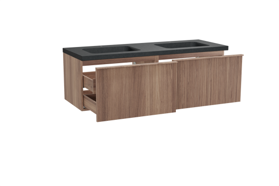 Balmani Forma zwevend badkamermeubel 150 x 55 cm teak met Napoli dubbele wastafel in graniet zwart, Verticale symmetrische rechte ribbel
