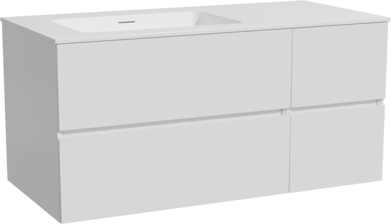 Storke Edge zwevend badmeubel 110 x 52 cm mat wit met Mata asymmetrisch linkse wastafel in solid surface mat wit
