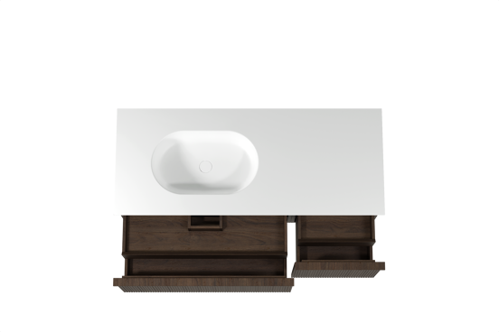 Balmani Forma meuble salle de bains suspendu 135 x 55 cm chêne fumé avec Tablo Oval vasque asymétrique gauche en solid surface blanc mat, Nervure droite symétrique verticale