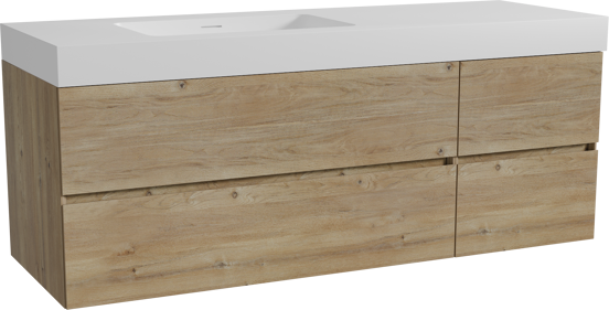 Storke Edge zwevend badmeubel 150 x 52 cm ruw eiken met Mata High asymmetrisch linkse wastafel in solid surface mat wit