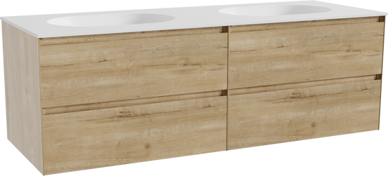 Balmani Mitra zwevend badkamermeubel 150 x 55 cm ruwe eik met Tablo Oval dubbele wastafel in solid surface mat wit