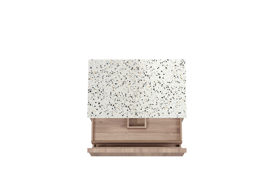 Balmani Forma zwevend badkamermeubel 90 x 55 cm teak met Stretto enkel tablet in mat wit/zwart terrazzo, Verticale symmetrische rechte ribbel