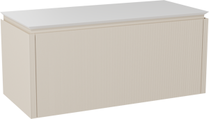 Balmani Eclips zwevend badmeubel 120 x 55 cm Sandbeige met Eclips enkel of dubbel wastafelblad in Solid Surface mat wit, Verticale symmetrische rechte ribbel