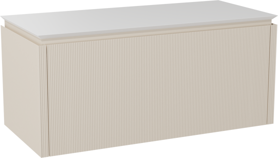 Balmani Eclips meuble salle de bains suspendu 120 x 55 cm Sandbeige avec Eclips tablette simple ou double en Solid Surface blanc mat, Nervure droite symétrique verticale
