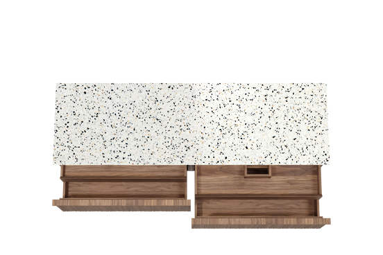 Balmani Forma hängendes Möbelstück Set: 180 x 55 cm, Amerikanischer Nussbaum, mit Stretto Einzel- oder Doppel Waschtischplatte, Terrazzo in Weiß/Schwarz matt, Vertikale asymmetrische Runde Rippe