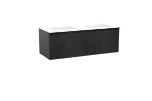 Balmani Forma meuble salle de bains suspendu 135 x 55 cm chêne noir avec Tablo Strada double vasque en marbre composite blanc mat, Nervure droite symétrique verticale