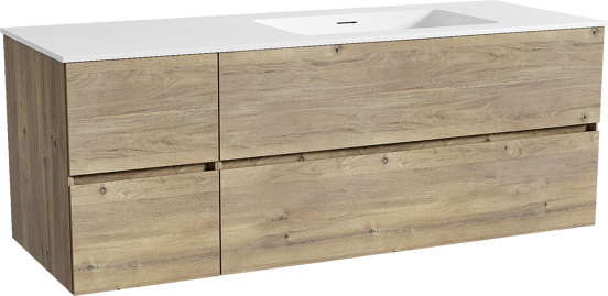 Storke Edge meuble salle de bains suspendu 140 x 52 cm chêne brut avec Mata plan vasque asymétrique à droite en solid surface blanc mat