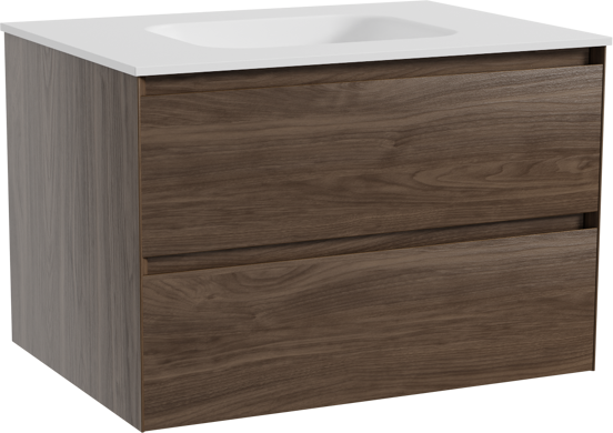 Balmani Mitra zwevend badkamermeubel 75 x 55 cm amerikaanse notelaar met Tablo Arcato enkele wastafel in solid surface mat wit