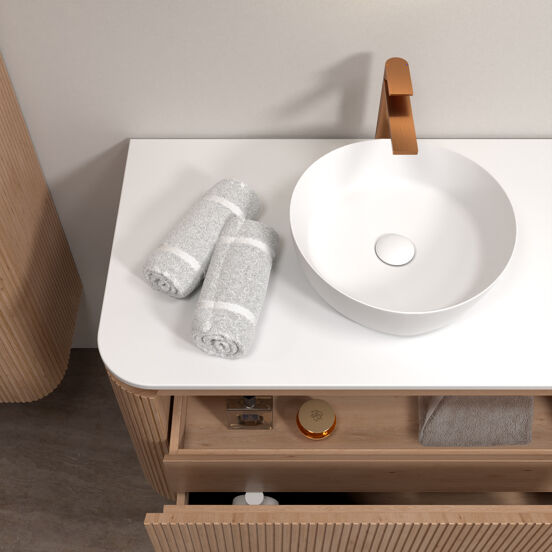 Balmani Moon meuble salle de bains suspendu 100 x 55 cm chêne naturel avec Moon tablette simple en solid surface blanc mat, Nervure droite symétrique verticale