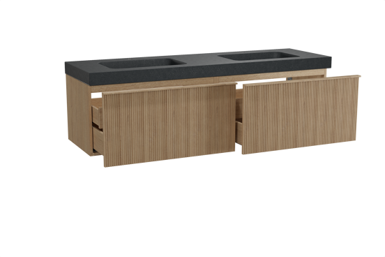Balmani Forma hängendes Möbelstück Set: 180 x 55 cm, Naturbelassene Eiche, mit Napoli Doppelwaschtisch, Granit, Schwarzes Granit, Vertikale symmetrische gerade Rippe