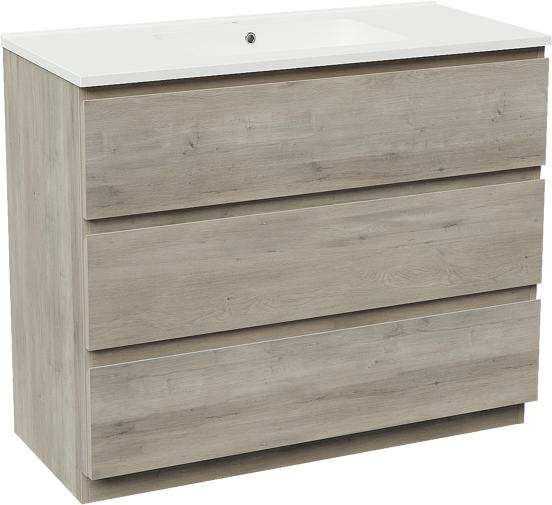 Linie Lado staand badmeubel 100 x 46 cm grijs eiken met Vano enkele wastafel in composietmarmer mat wit