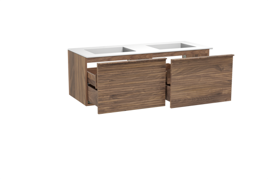 Balmani Forma meuble salle de bains suspendu 135 x 55 cm noyer américain avec Tablo Stretto double vasque en solid surface blanc mat, Nervure droite symétrique horizontale