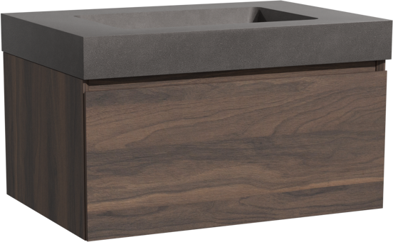 Storke Edge meuble salle de bains suspendu 75 x 52 cm noyer avec Scuro High plan simple en quartz noir mat