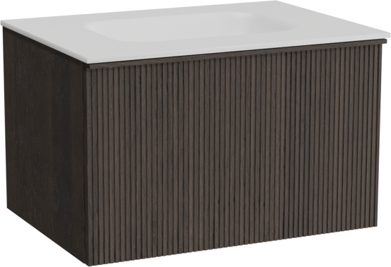 Balmani Forma hängendes Möbelstück Set: 75 x 55 cm, Geräucherte Eiche, mit Tablo Arcato Einzelwaschtisch, Solid Surface, Weiß matt, Vertikale symmetrische gerade Rippe