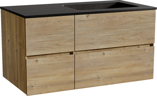 Storke Edge zwevend badmeubel 100 x 52 cm ruw eiken met Scuro asymmetrisch rechtse wastafel in kwarts mat zwart