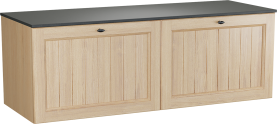 Balmani Lemon zwevend badkamermeubel 150 x 55 cm, fineer natuur eik met Stretto enkel of dubbel tablet in graniet zwart