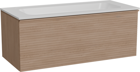 Balmani Forma hängendes Möbelstück Set: 120 x 55 cm, Naturbelassene Eiche, mit Tablo Strada Einzelwaschtisch, Marmorkomposit, Weiß matt, Horizontale symmetrische gerade Rippe