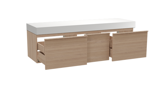 Balmani Forma zwevend badmeubel 180 x 55 cm naturel eiken met Dominus enkel of dubbel wastafelblad in solid surface mat wit, Horizontale symmetrische rechte ribbel
