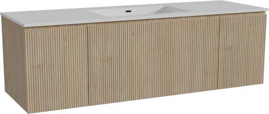 Storke Ribs zwevend badkamermeubel 155 x 52 cm ruwe eik met Diva enkele wastafel in composietmarmer glanzend wit, Verticale symmetrische rechte ribbel