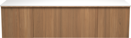 Balmani Forma zwevend badkamermeubel 180 x 55 cm teak met Stretto enkel of dubbel tablet in solid surface mat wit, Verticale symmetrische rechte ribbel