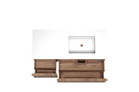Balmani Forma zwevend badkamermeubel 135 x 55 cm amerikaanse notelaar met Tablo Stretto asymmetrisch rechtse wastafel in solid surface mat wit, Verticale asymmetrische ronde ribbel