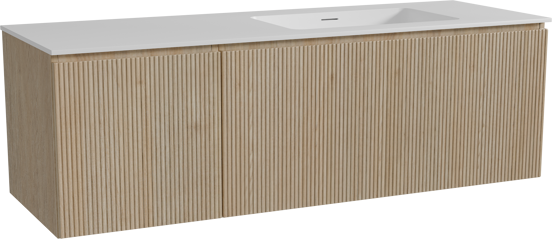 Storke Ribs hängendes Möbelstück Set: 150 x 52 cm, Rohe Eiche, mit Mata Waschtisch rechts, Solid Surface, Weiß matt, Vertikale symmetrische gerade Rippe